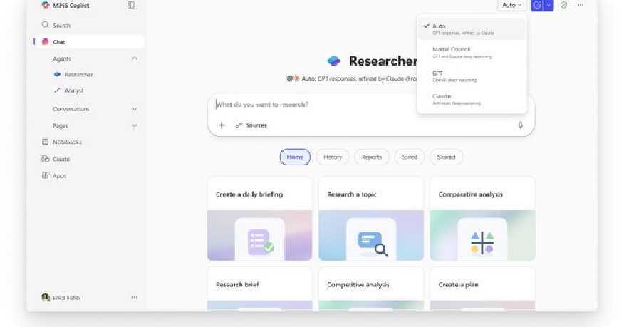 Critique enters the M365 Copilot, and multiple models begin to generate answers and reports together