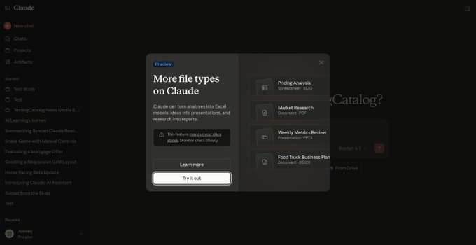Claude支持生成XLSX、PDF、PPTX与DOCX文件，功能已向Pro用户开放
