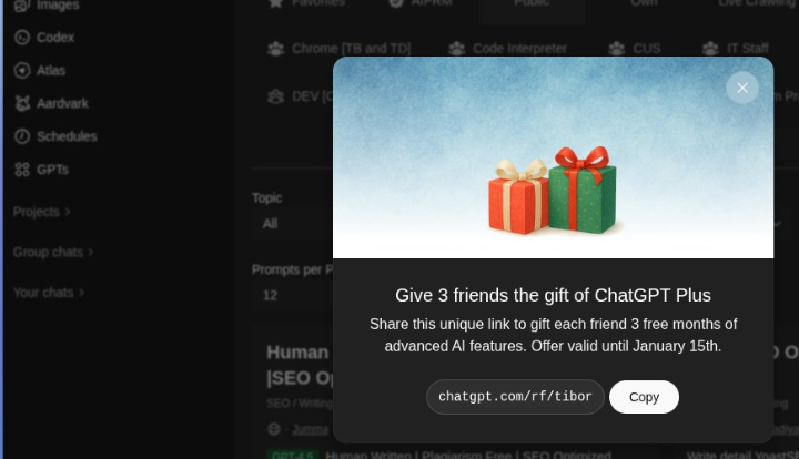 有消息称 OpenAI 将在 ChatGPT 内上线假日推荐活动 赠送好友 3 个月 Plus