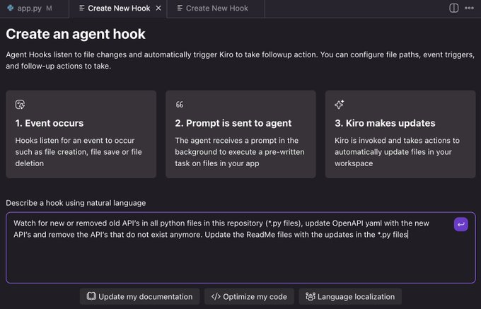 Kiro Hooks: Document updates as code changes, eliminating documentation outdated