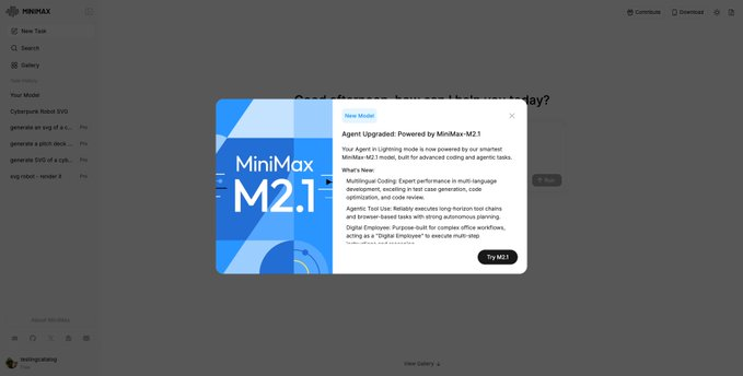 MiniMax M2.1 lance MiniMax Agent : le mode Lightning est activé par défaut, améliorant la programmation multilingue et l’exécution de la chaîne d’outils