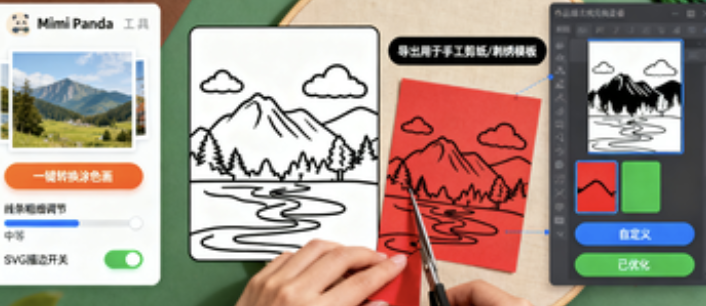Mimi Panda·AI涂色生成器：一键把照片变涂色画，含放大与SVG描边，面向美育与手作达人