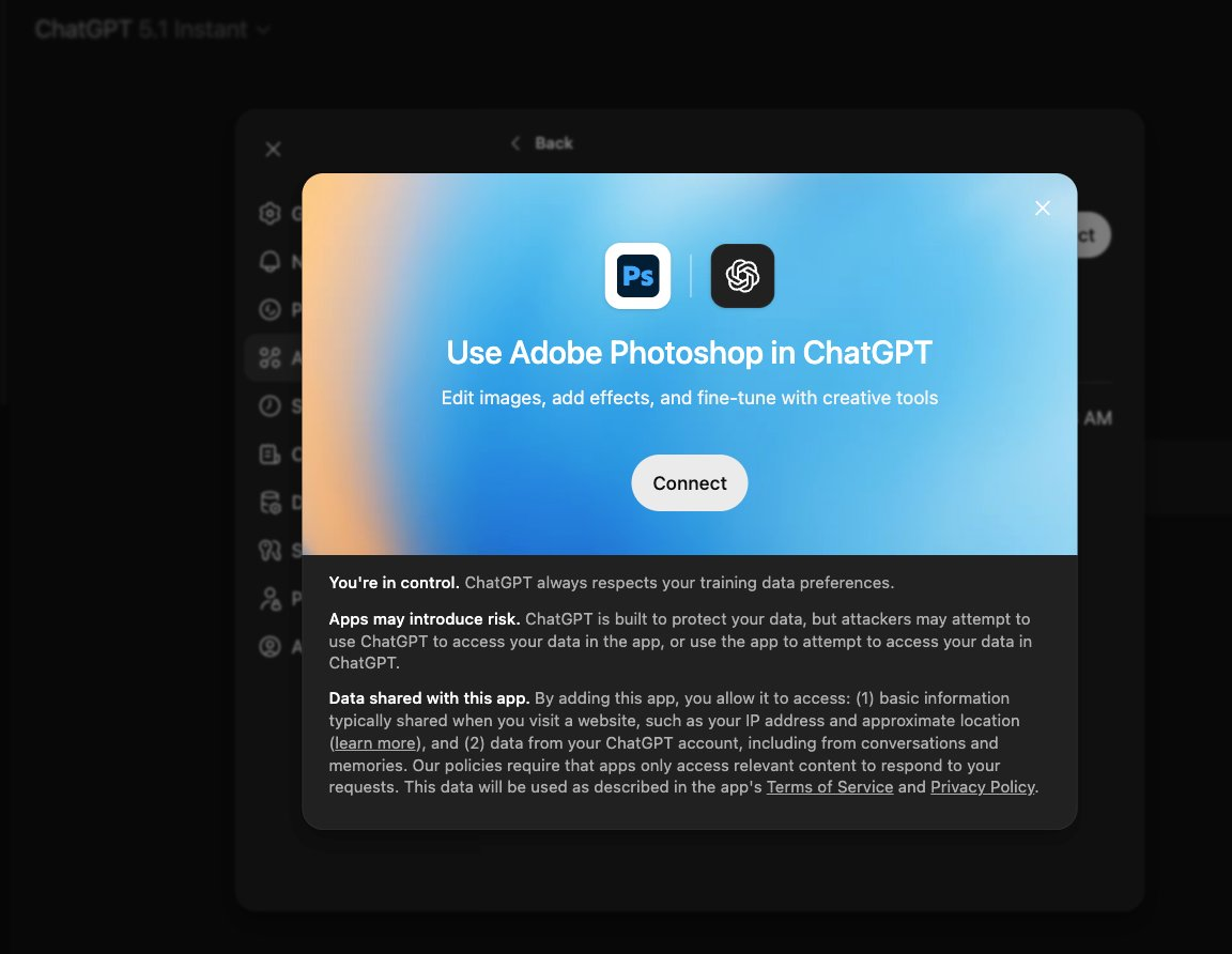 ChatGPT 新增 Adobe Photoshop 应用 支持指令唤起与设置中手动添加