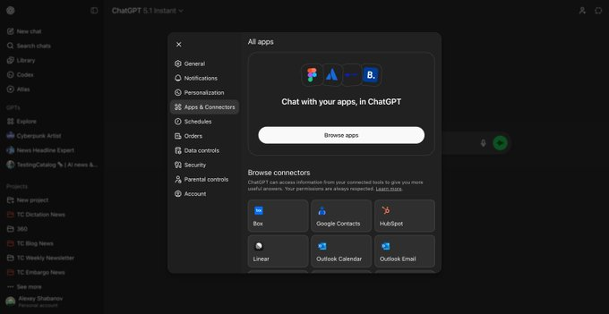 Some users found that the "Apps" entrance appeared on the OpenAI ChatGPT settings page, which was suspected to be a precursor to the launch of the application catalog