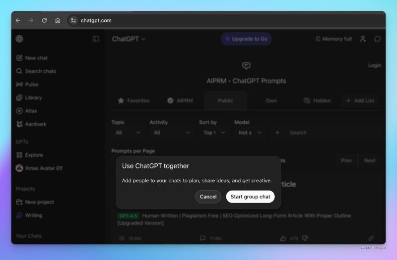 ChatGPT "group chat" was exposed for the first time: "Start a group chat" appears at the top, supporting link invitations and history viewing